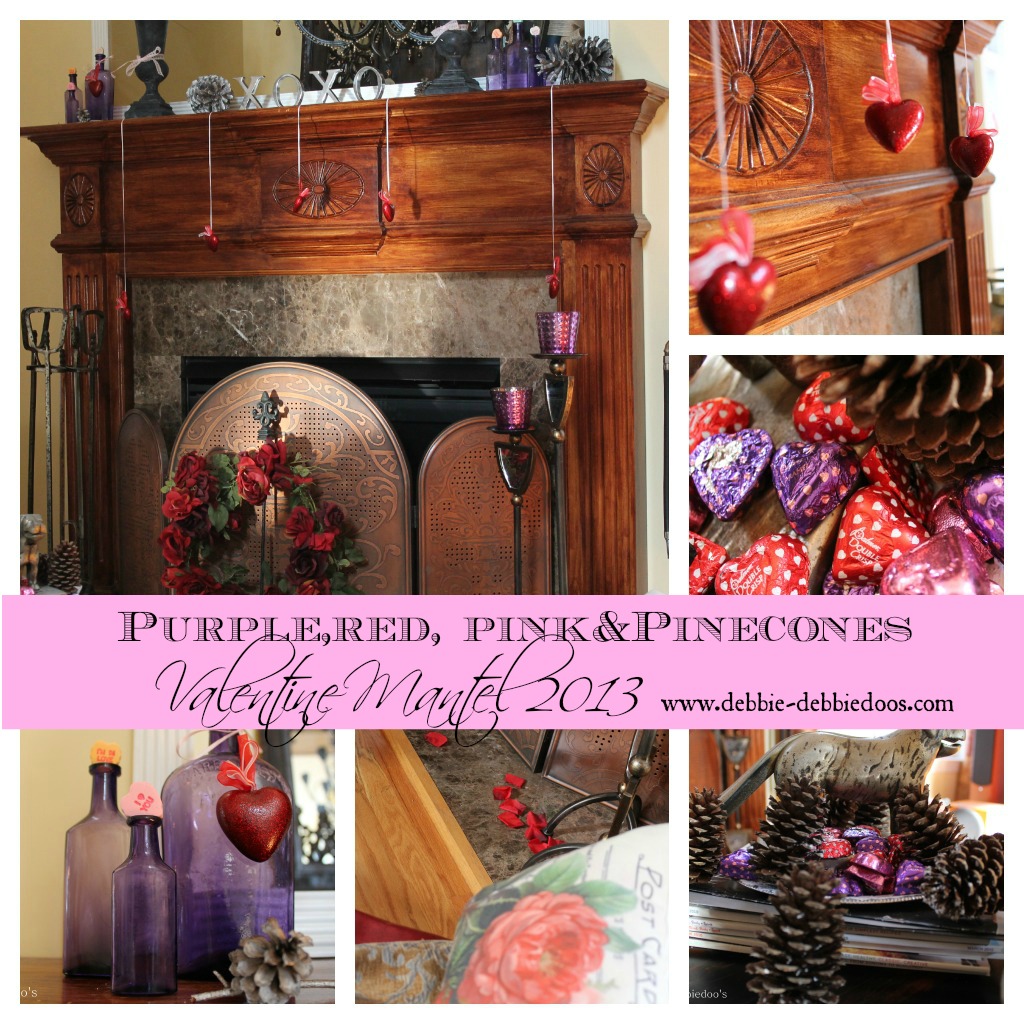 Valentine mantel purple, red, pink and pinecones
